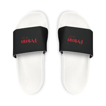 Load image into Gallery viewer, Youth Slide Sandals — Custom Black Strap with Red Text