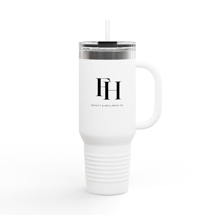 'FH' Monogram Insulated Travel Mug — 40oz Stainless Tumbler with Handle & Straw