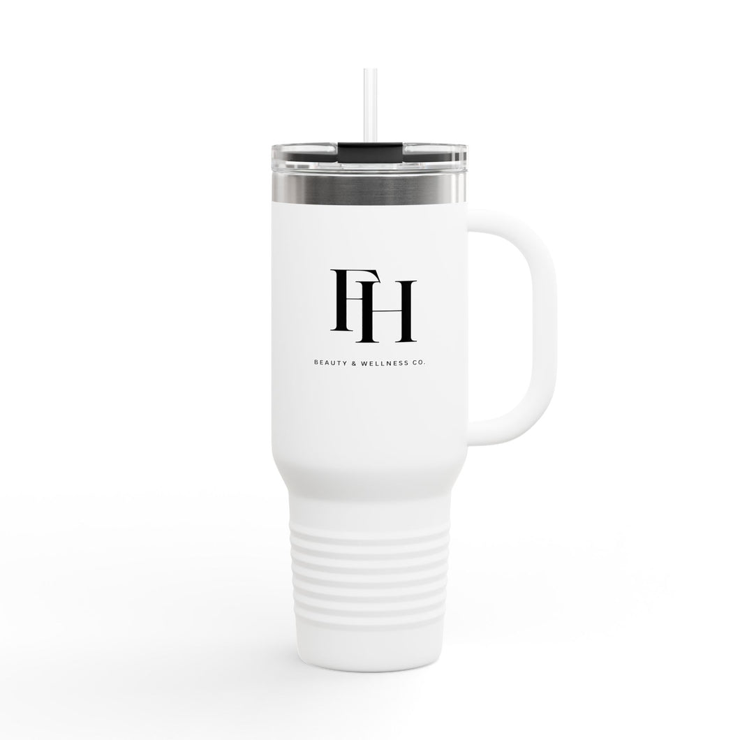'FH' Monogram Insulated Travel Mug — 40oz Stainless Tumbler with Handle & Straw