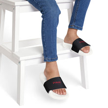 Load image into Gallery viewer, Youth Slide Sandals — Custom Black Strap with Red Text