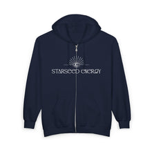 Load image into Gallery viewer, &#39;Starseed Energy&#39; — Minimal White Logo Full‑Zip Sweatshirt